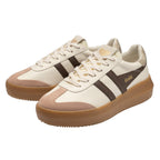 Pair of Gola trainers in off-white with brown stripes and a thick brown sole