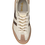 Cream Gola trainer with brown stripes and a gum sole