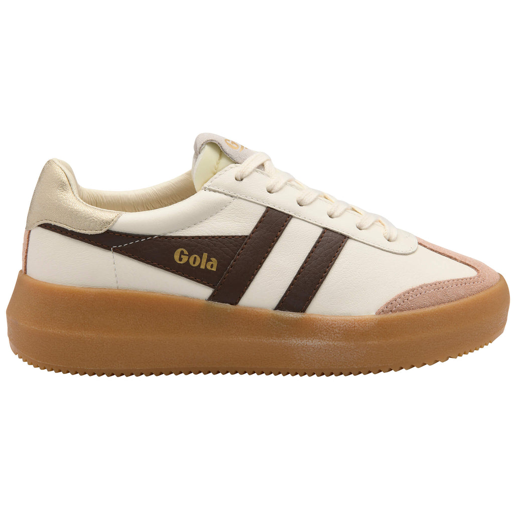 Gola Grandslam Quadrant trainers in off-white, brown, and gold with a tan sole