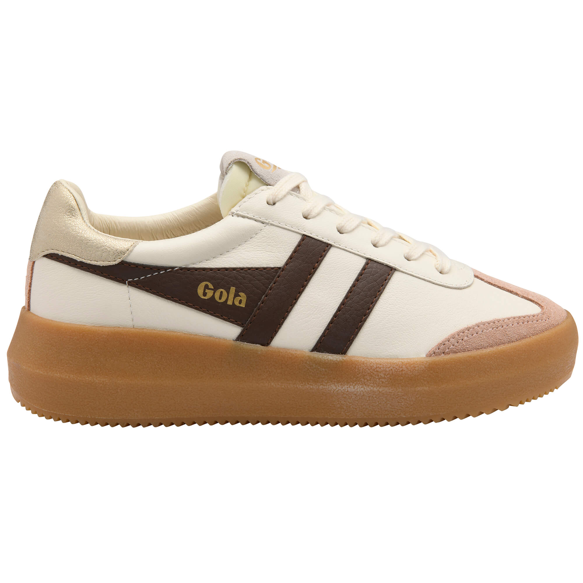 Gola Grandslam Quadrant trainers in off-white, brown, and gold with a tan sole