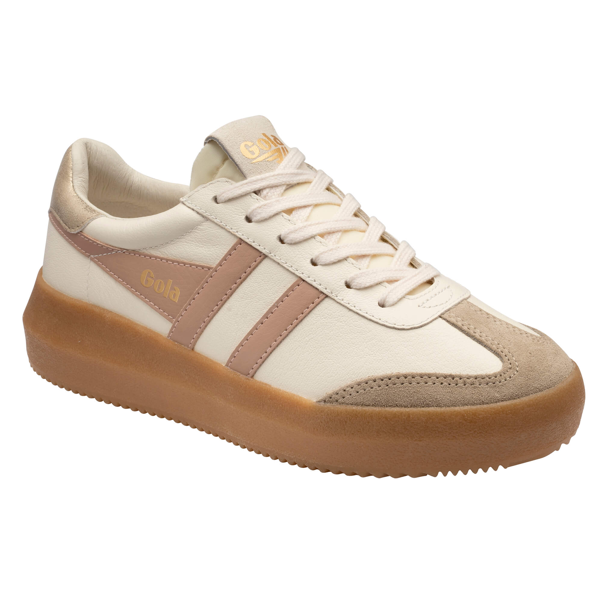 Gola women's trainer in off-white with pink stripes and a brown sole