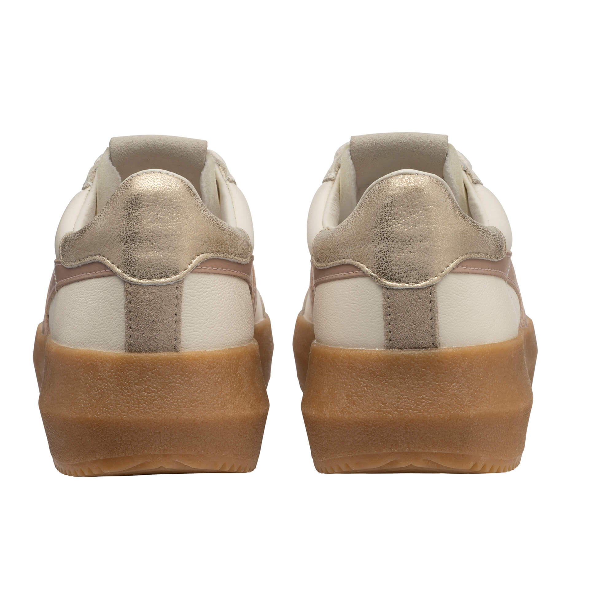 Pair of white and gold trainers with brown soles, rear view