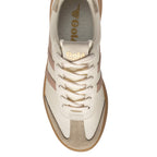 Overhead view of a Gola trainer in off-white with pink stripes and a beige suede toe and sole