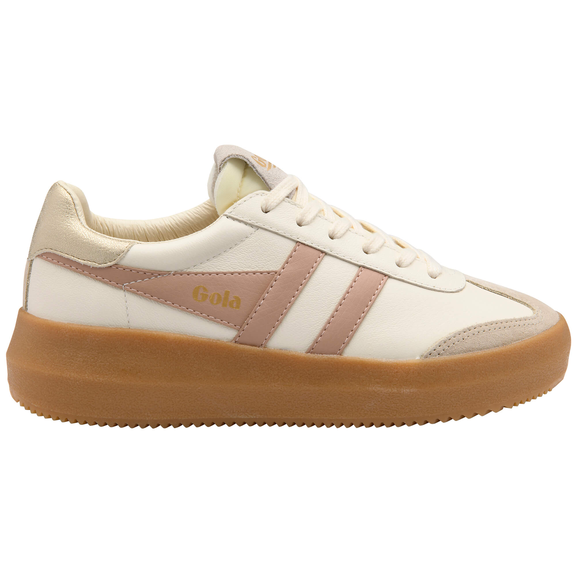 Gola women's trainer in off-white with pink stripes and a tan sole