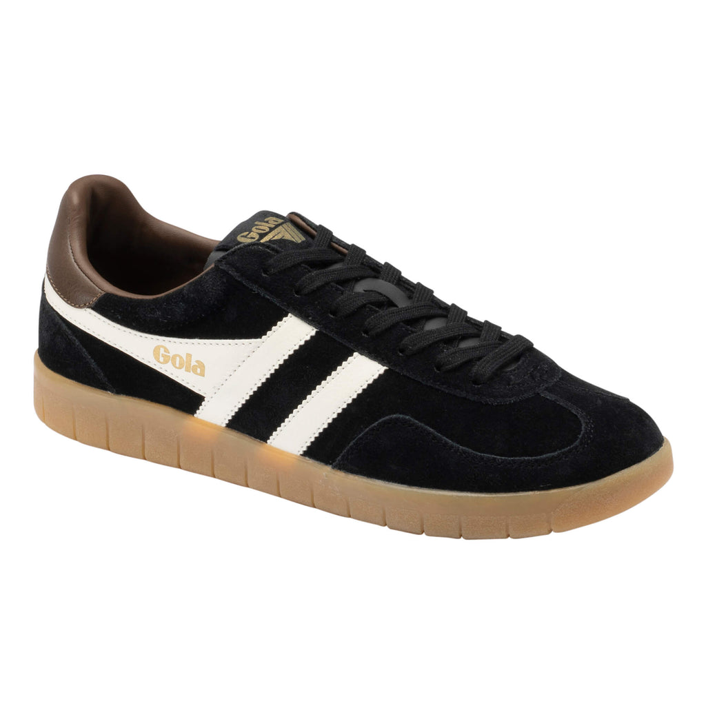Black Gola trainer with white stripes and a brown heel and sole
