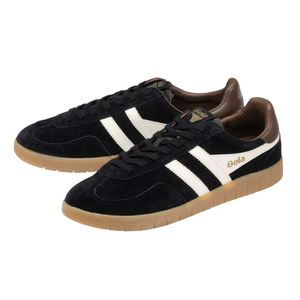 Pair of Gola Daytona trainers in black suede with white stripes and brown gum sole