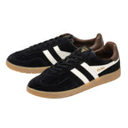 Pair of Gola Daytona trainers in black suede with white stripes and brown gum sole
