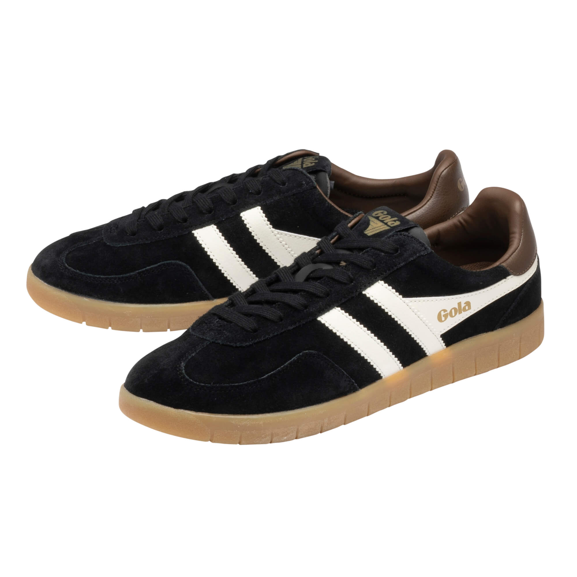 Pair of Gola Daytona trainers in black suede with white stripes and brown gum sole