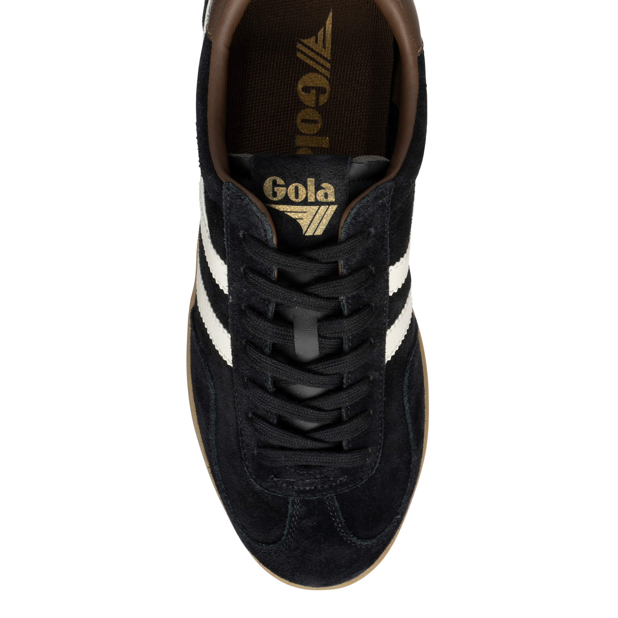 Gola Harrier suede trainers in black with white stripes and brown trim