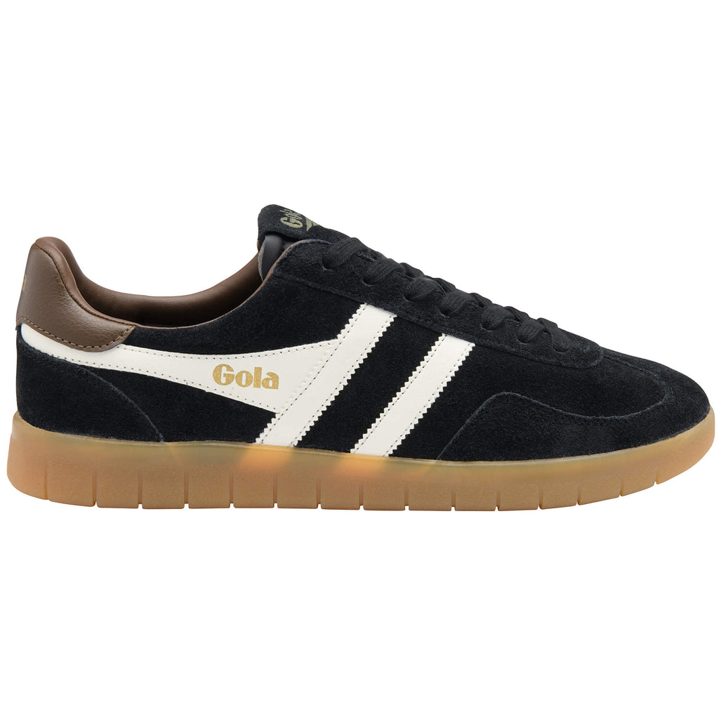 Gola men's trainer in black suede with white stripes and a brown heel tab