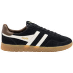 Gola men's trainer in black suede with white stripes and a brown heel tab