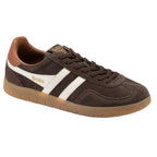 Gola men's trainer in dark brown suede with white stripes and a tan sole