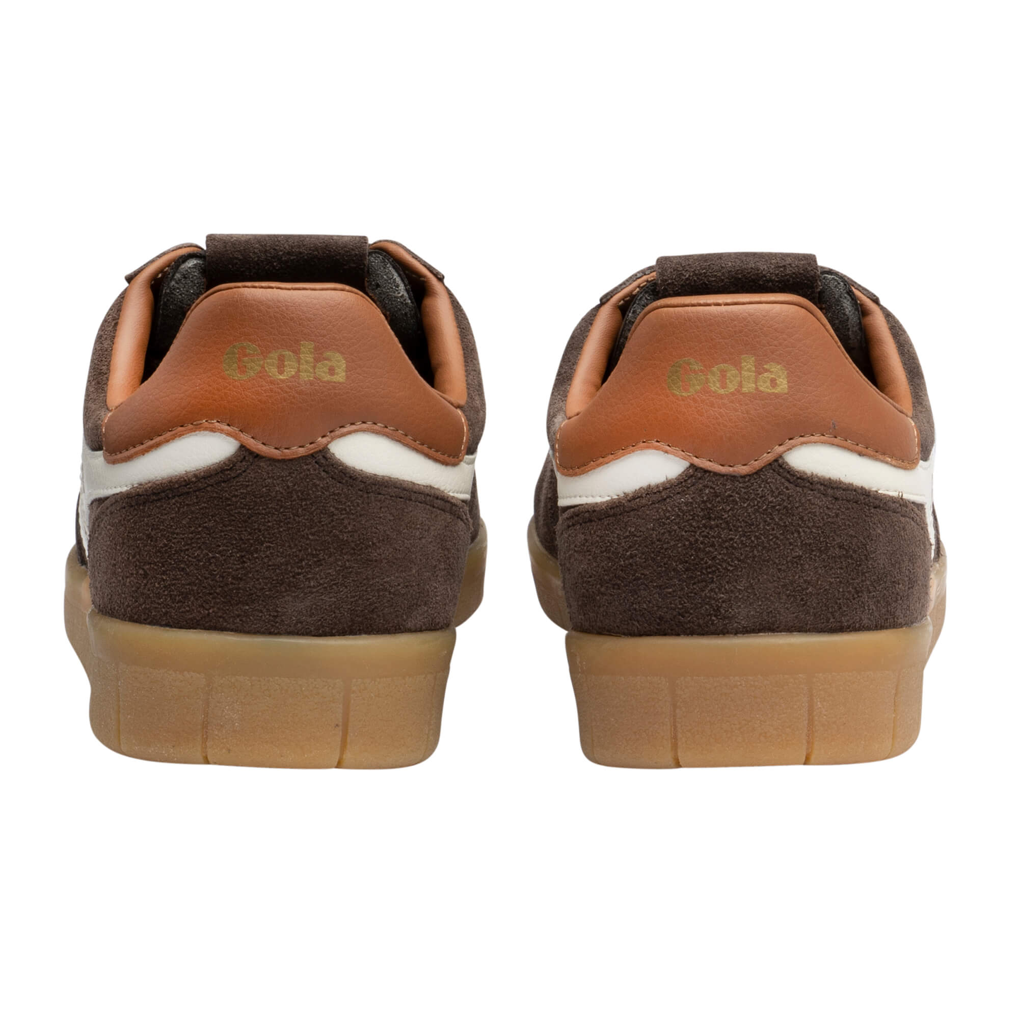 Rear view of a pair of brown Gola trainers with white stripes and tan heel tabs