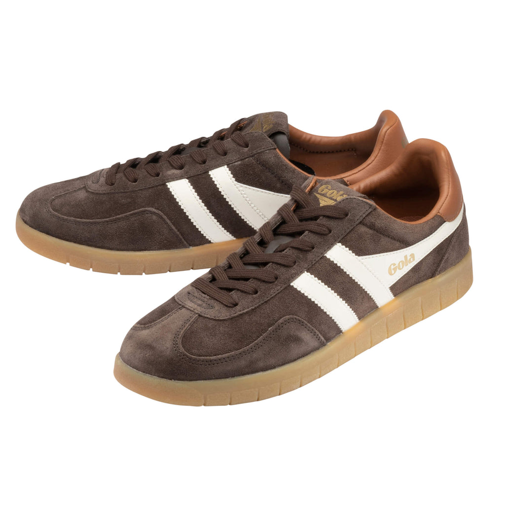 Pair of Gola Harrier suede trainers in dark brown with white stripes and a tan sole