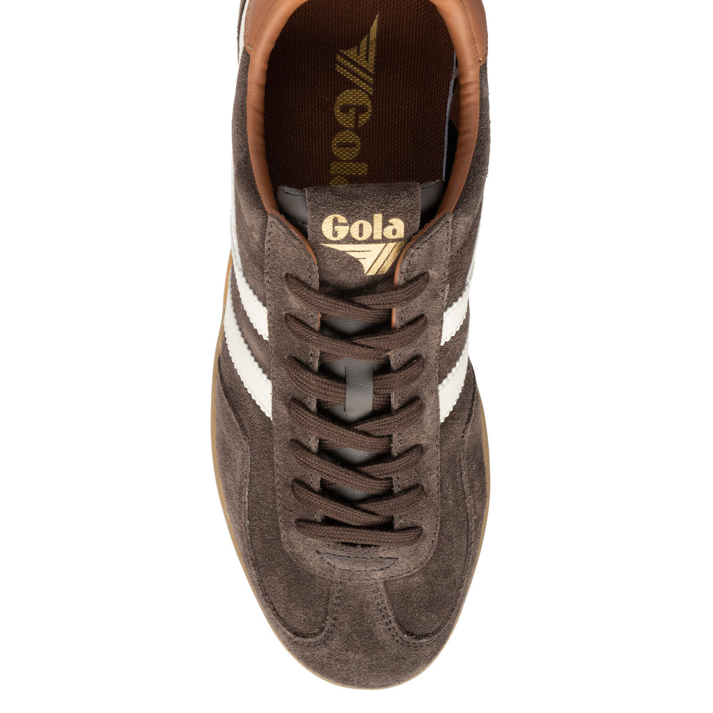 Brown Gola trainer with white stripes and brown laces