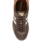 Brown Gola trainer with white stripes and brown laces