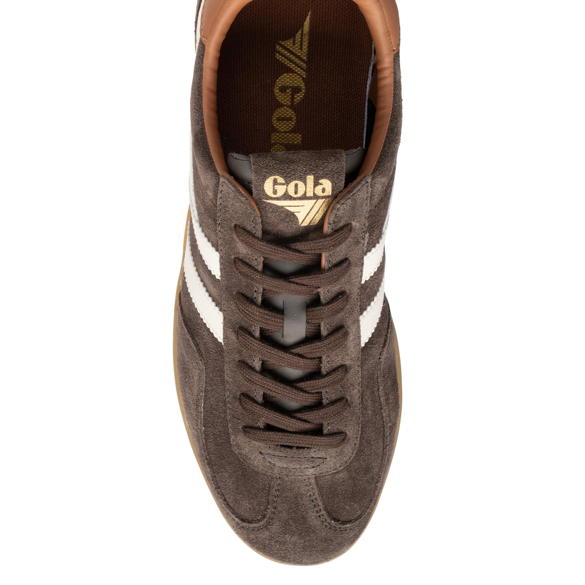 Brown Gola trainer with white stripes and brown laces