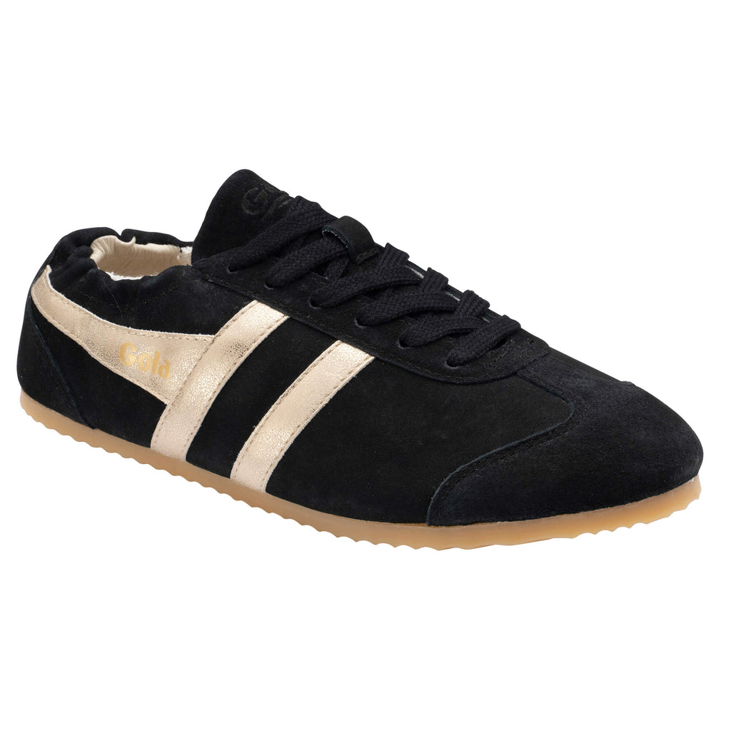Black Gola trainer with gold stripes and a tan sole