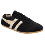 Black Gola trainer with gold stripes and a tan sole