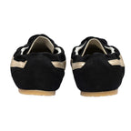 Black suede ballet slippers with gold stripe on the heel
