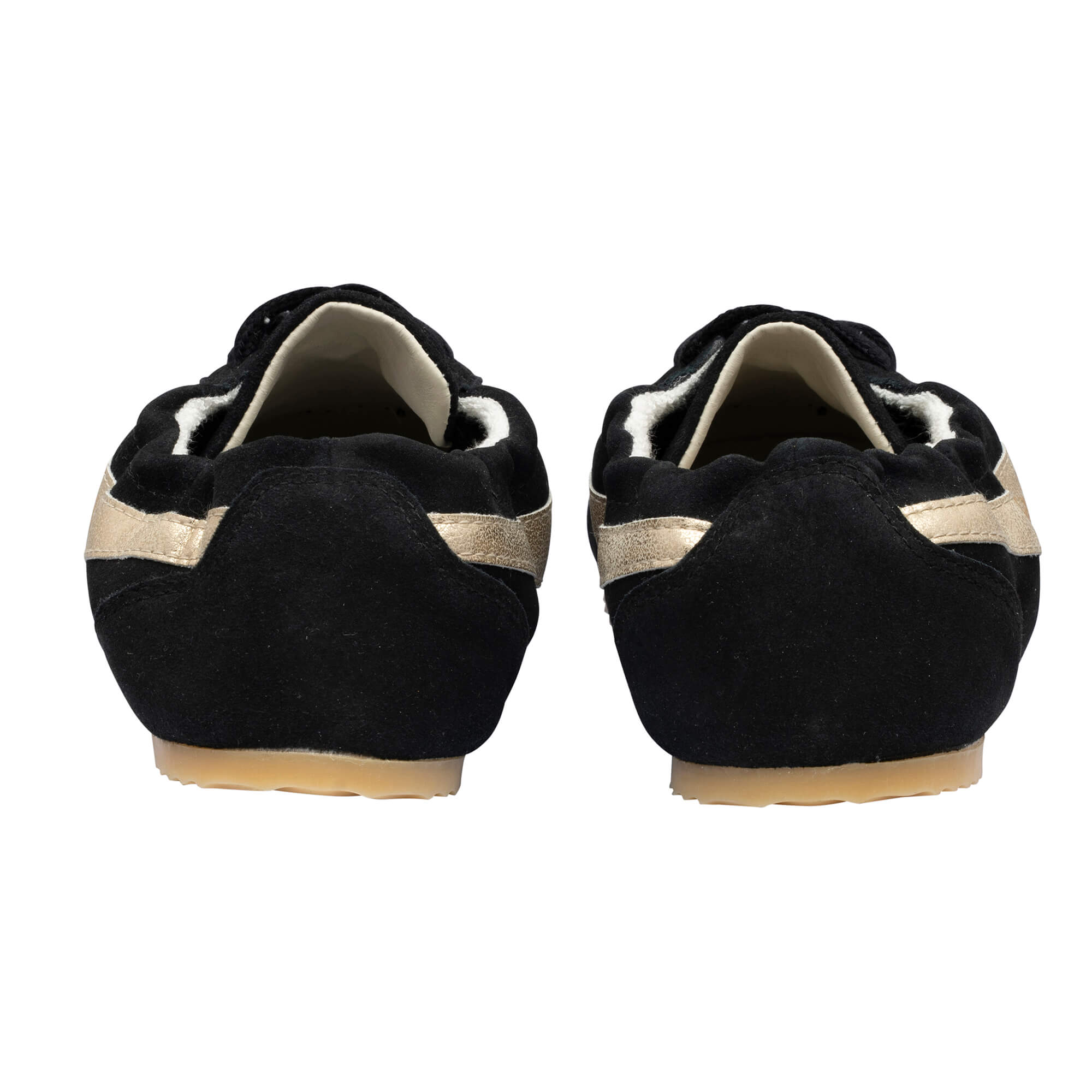 Black suede ballet slippers with gold stripe on the heel