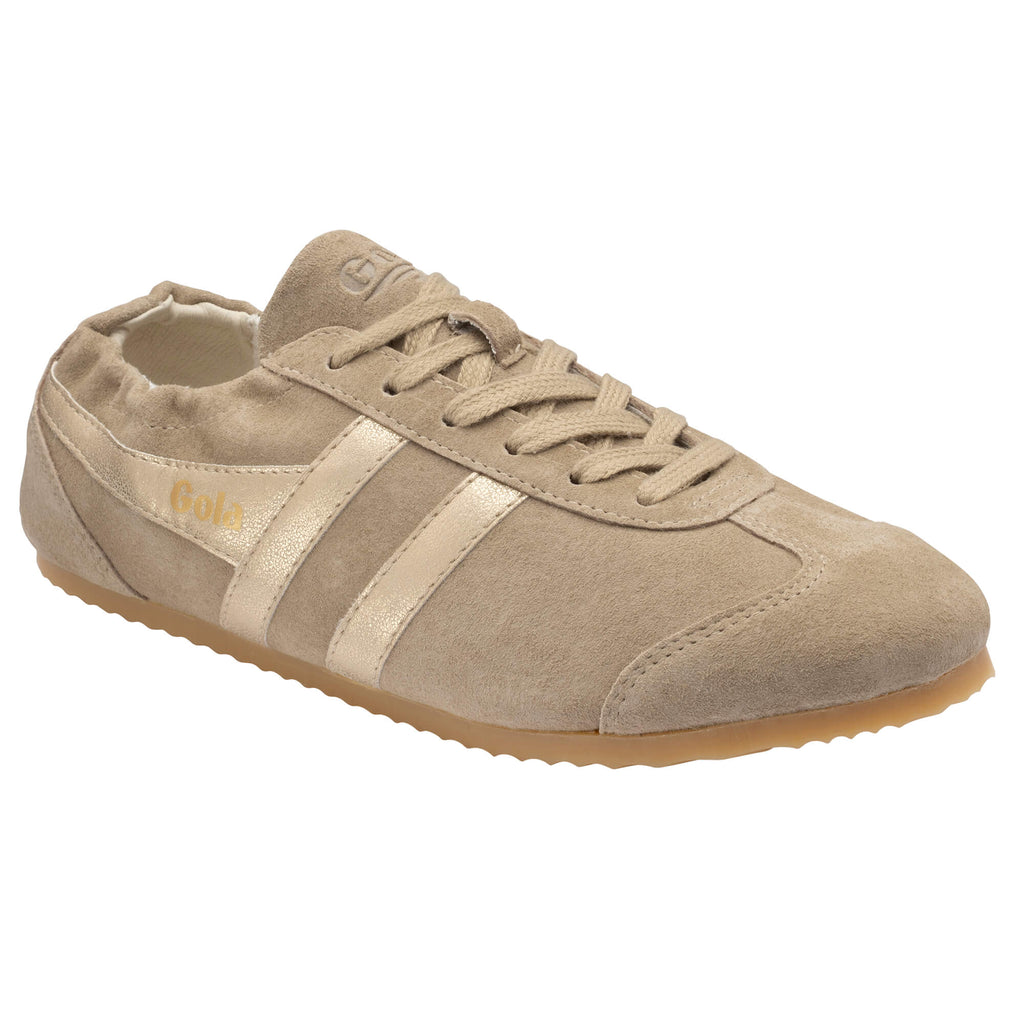 Gola women's trainer in beige suede with gold stripes and branding