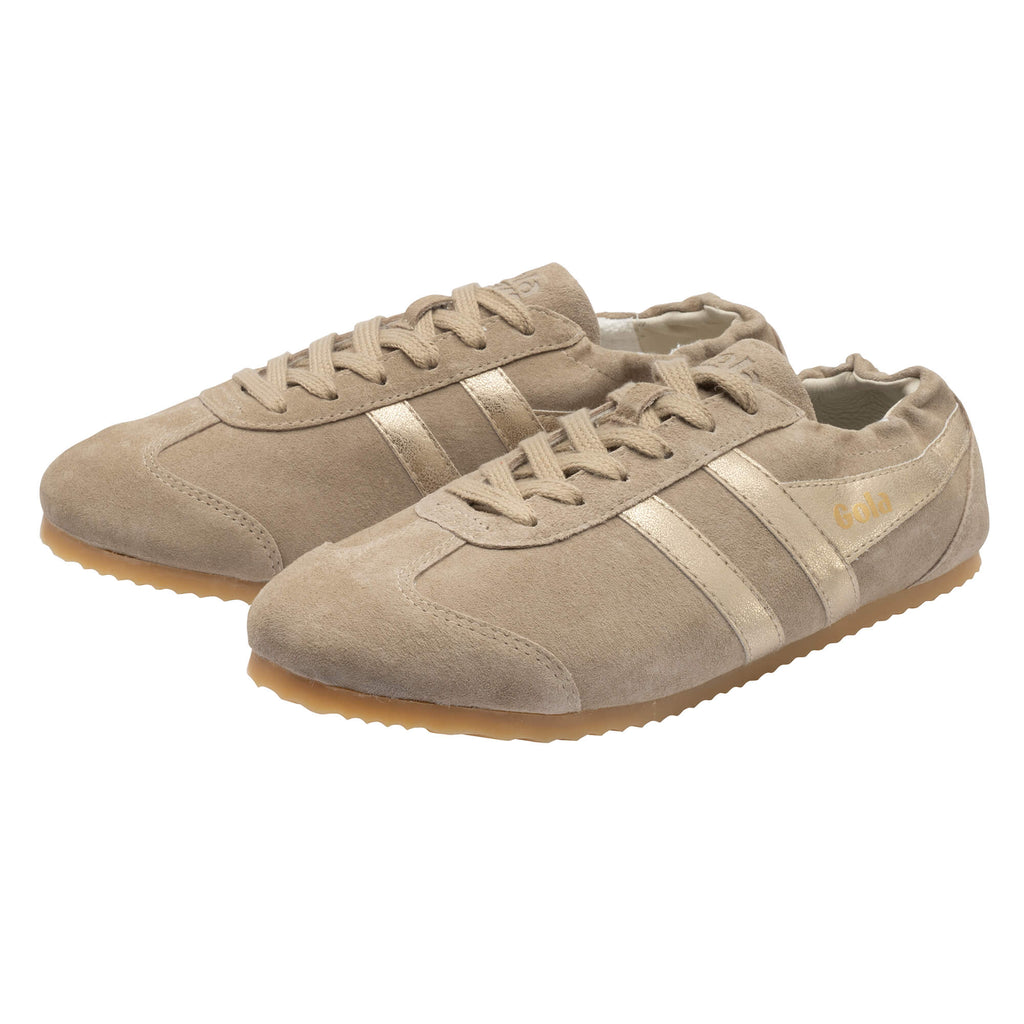 Pair of Gola Harrier trainers in beige suede with gold stripes and Gola branding