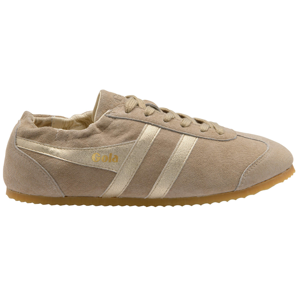 Gola women's trainer in beige suede with gold stripes and Gola branding