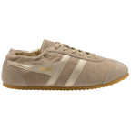 Gola women's trainer in beige suede with gold stripes and Gola branding