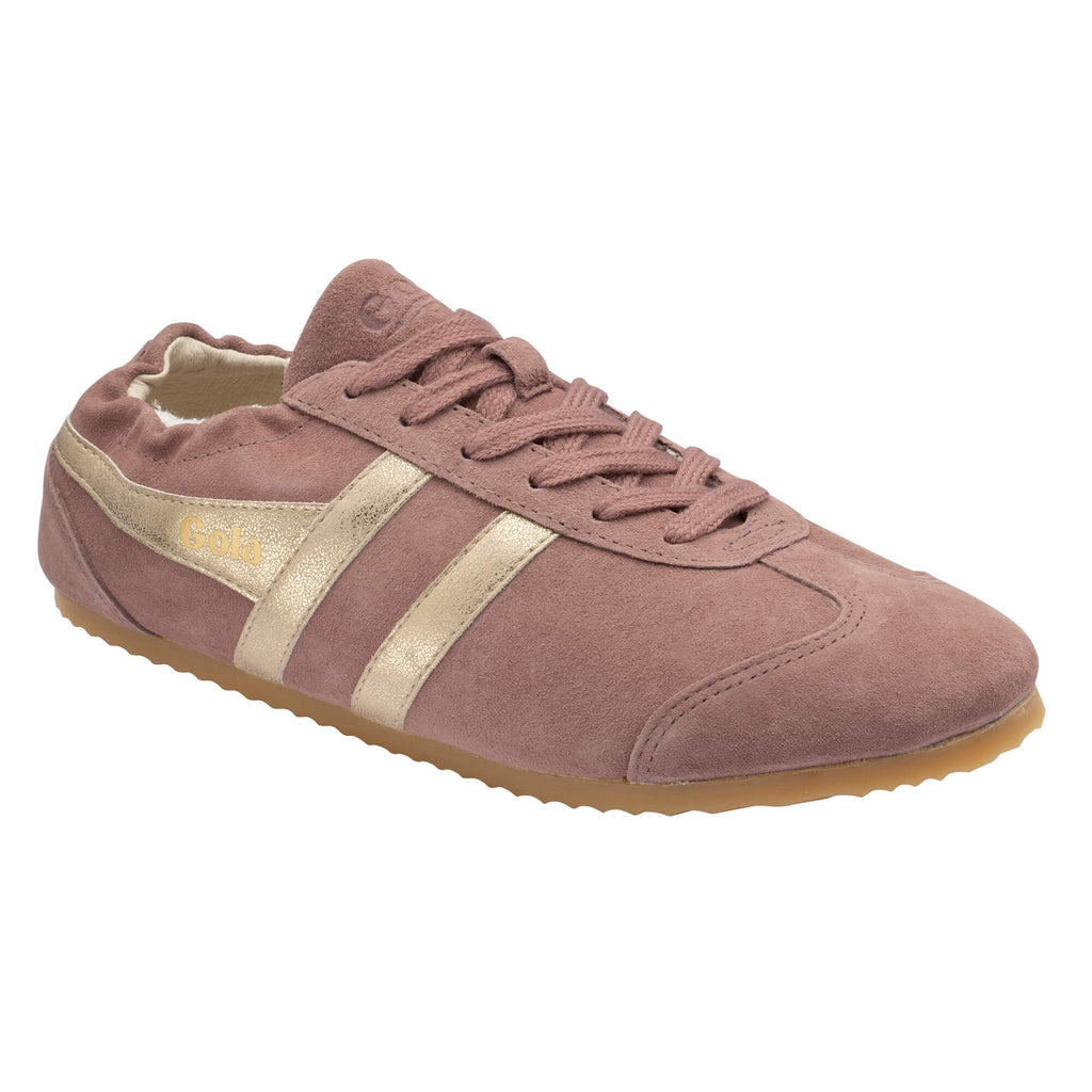 Gola Coaster Peak trainers in dusky pink suede with gold stripes and Gola branding
