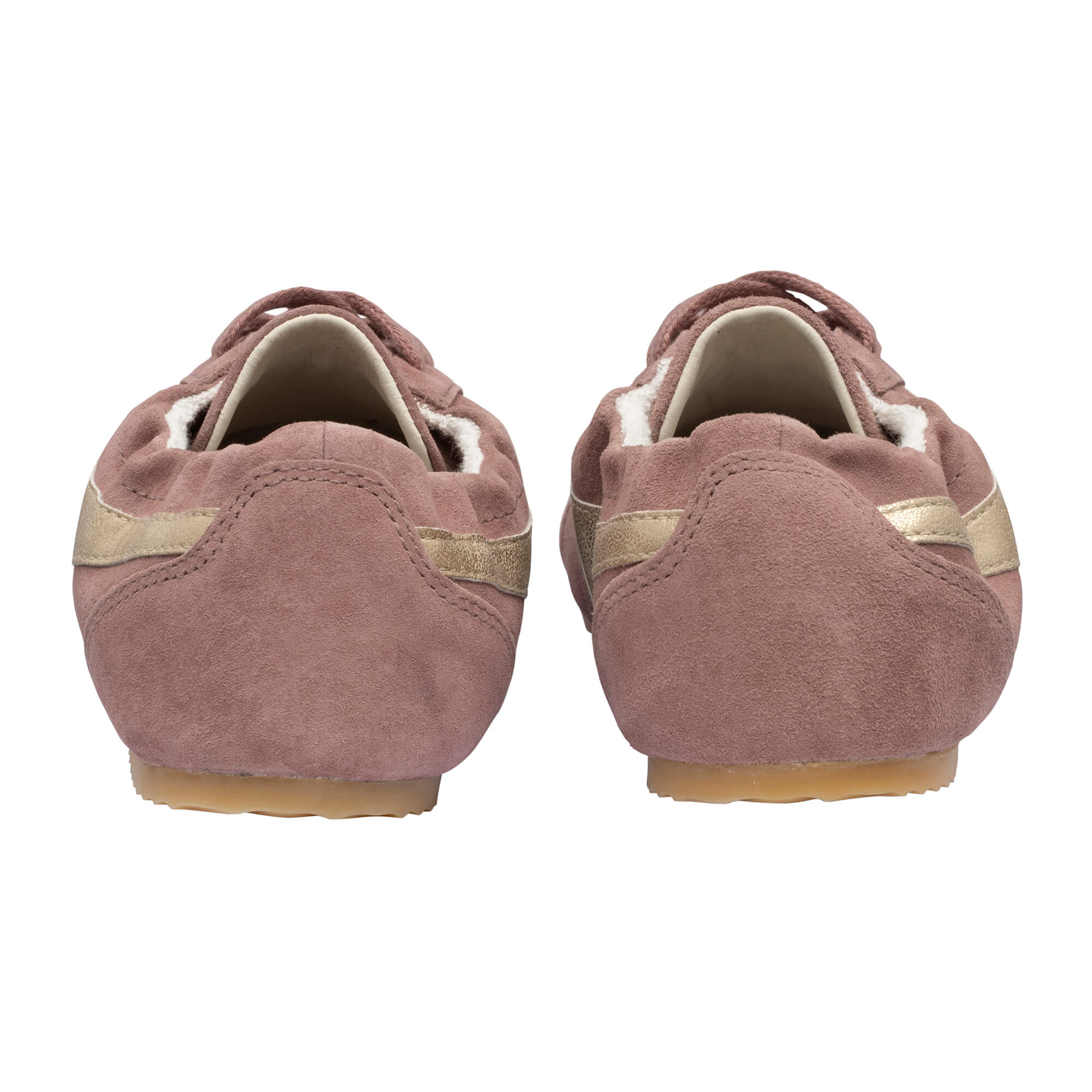 Pair of pink suede ballet slippers with gold stripes, seen from behind