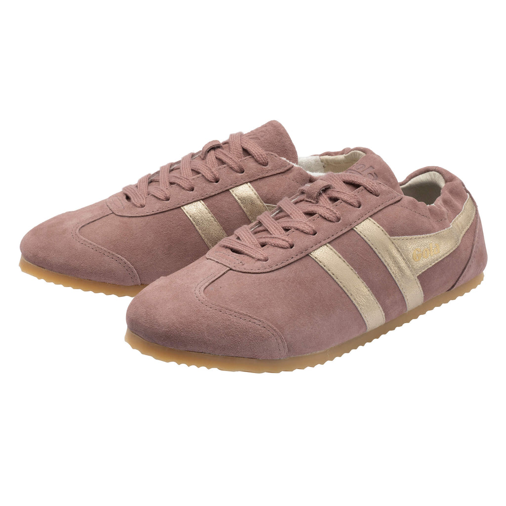 Pair of Gola women's trainers in dusky pink suede with gold stripes
