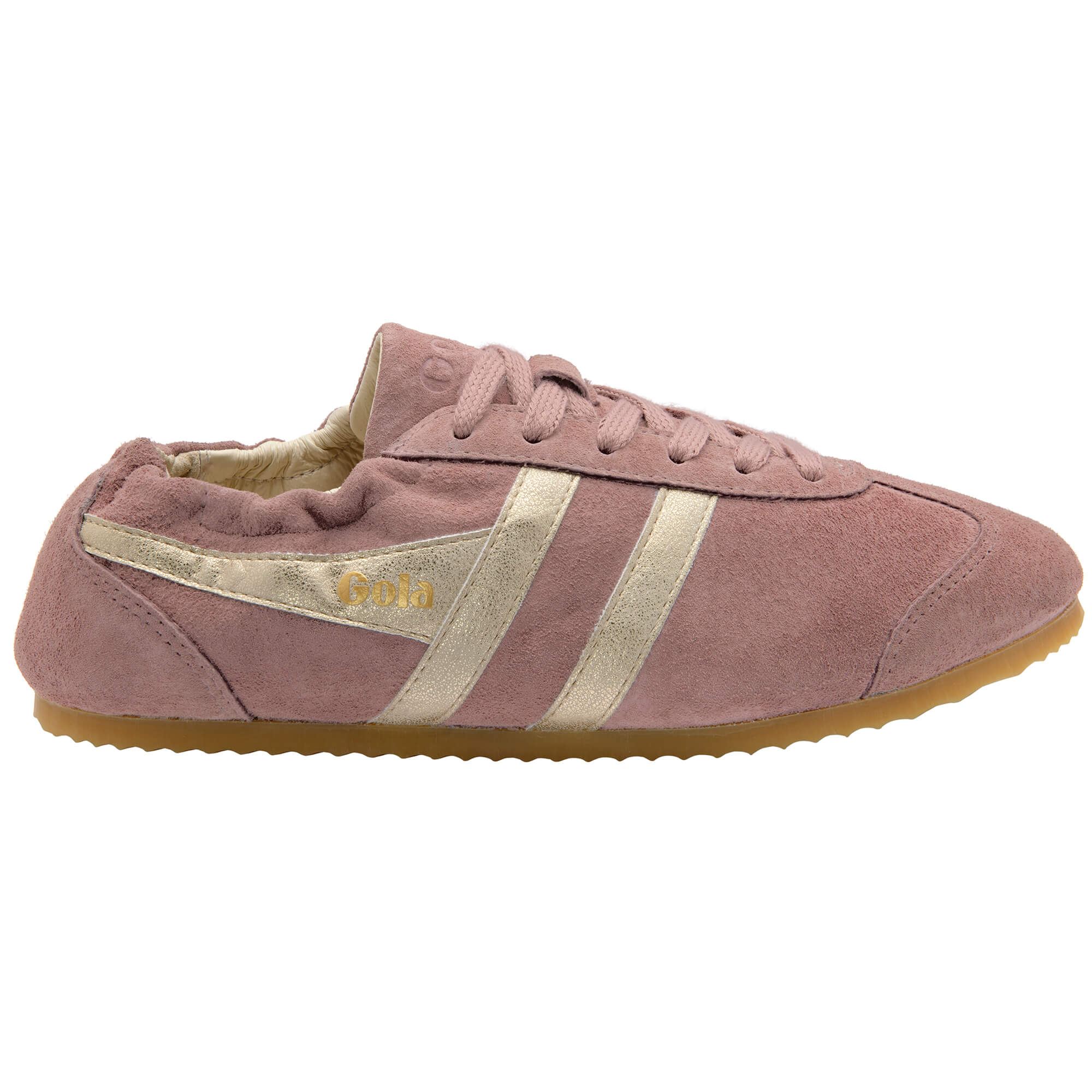 Pink suede Gola trainers with gold stripes and a brown sole