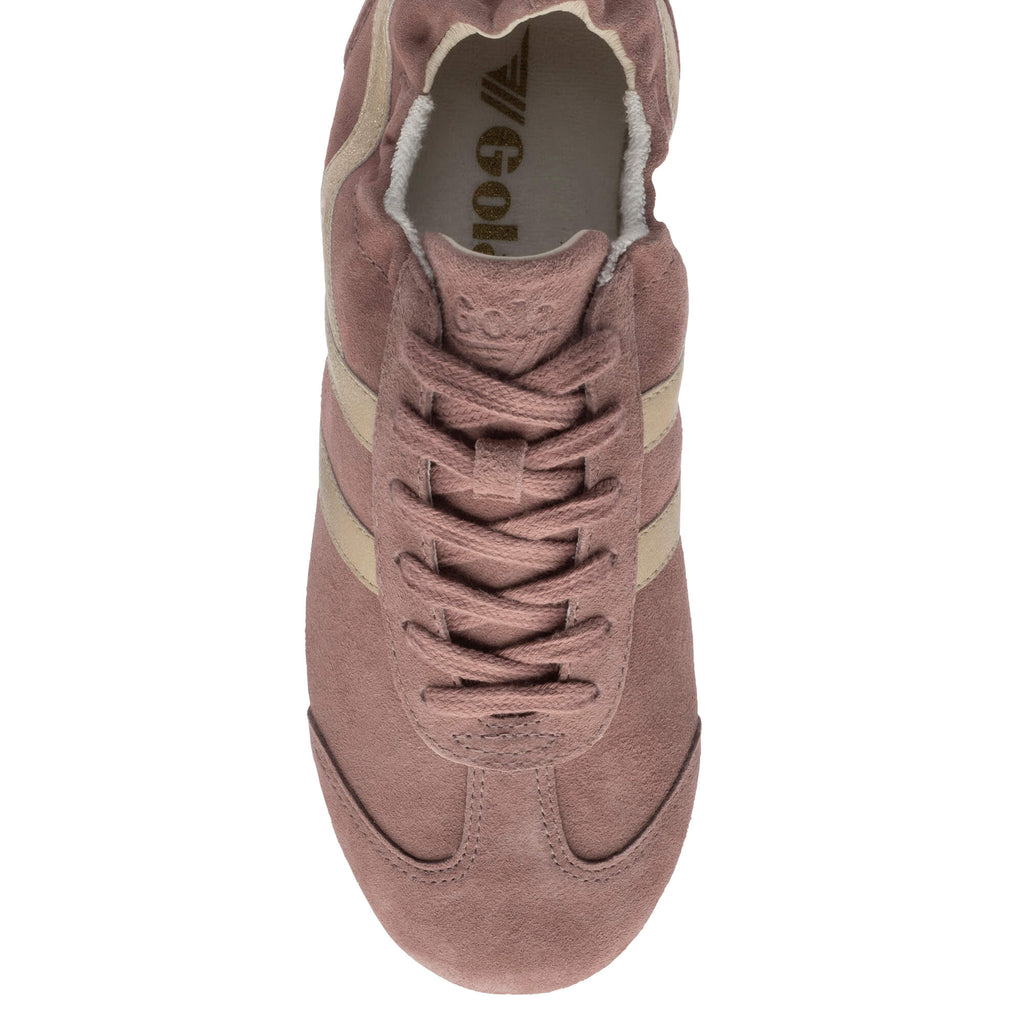 Top-down view of a Gola trainer in dusky pink suede with beige stripes and laces