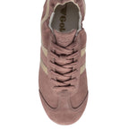 Top-down view of a Gola trainer in dusky pink suede with beige stripes and laces
