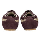 Pair of plum suede ballet flats with gold stripe detail, rear view