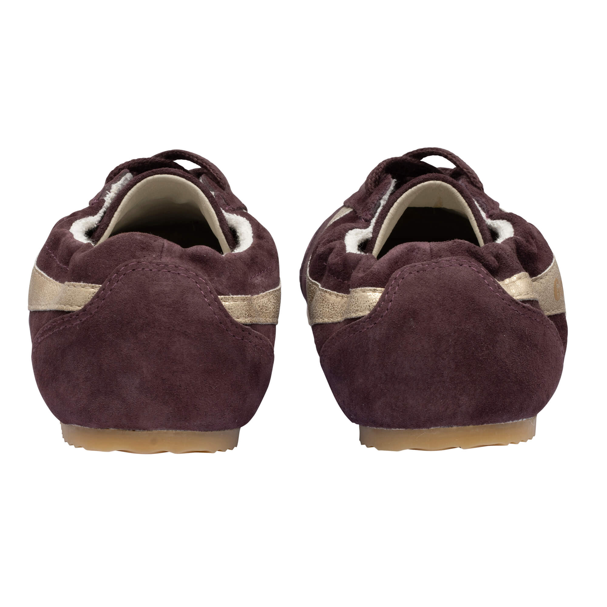 Pair of plum suede ballet flats with gold stripe detail, rear view