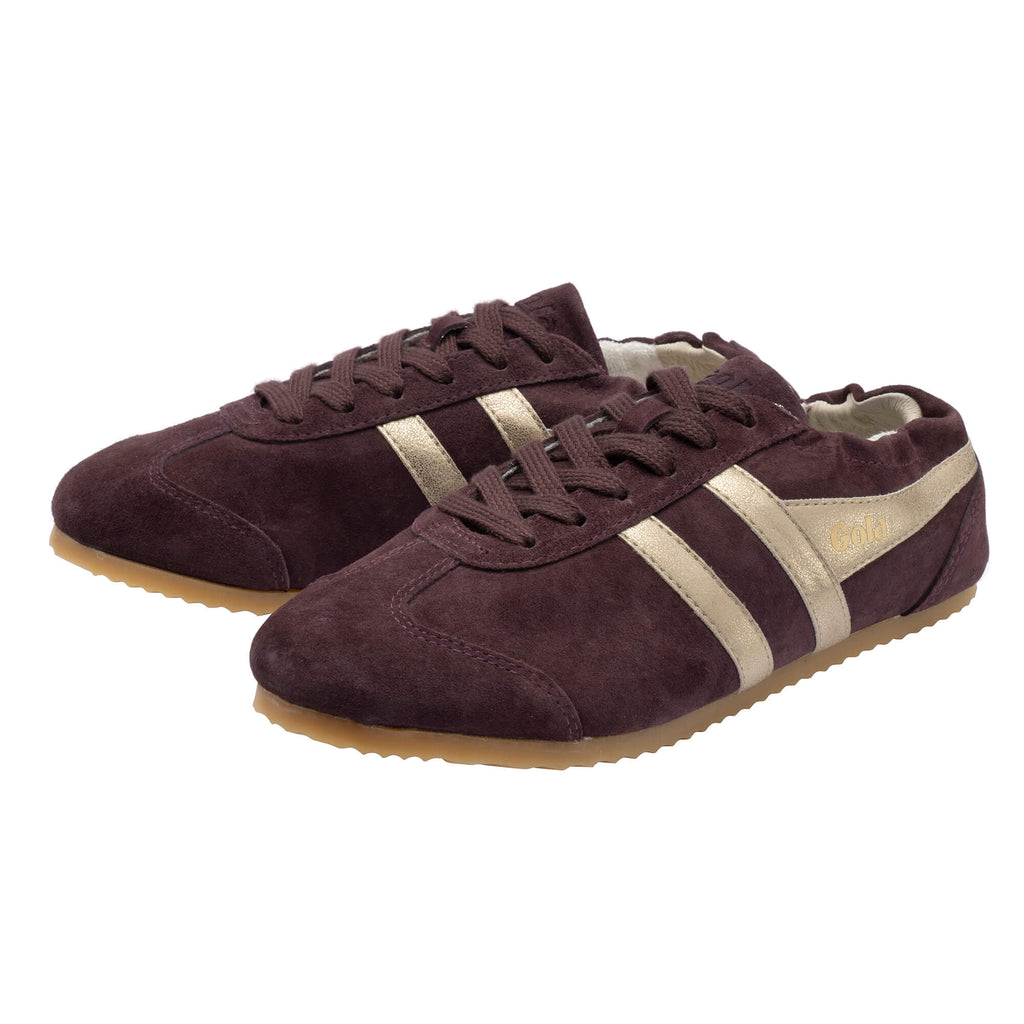 Pair of Gola Harrier trainers in burgundy suede with gold stripes and gum sole