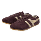 Pair of Gola Harrier trainers in burgundy suede with gold stripes and gum sole