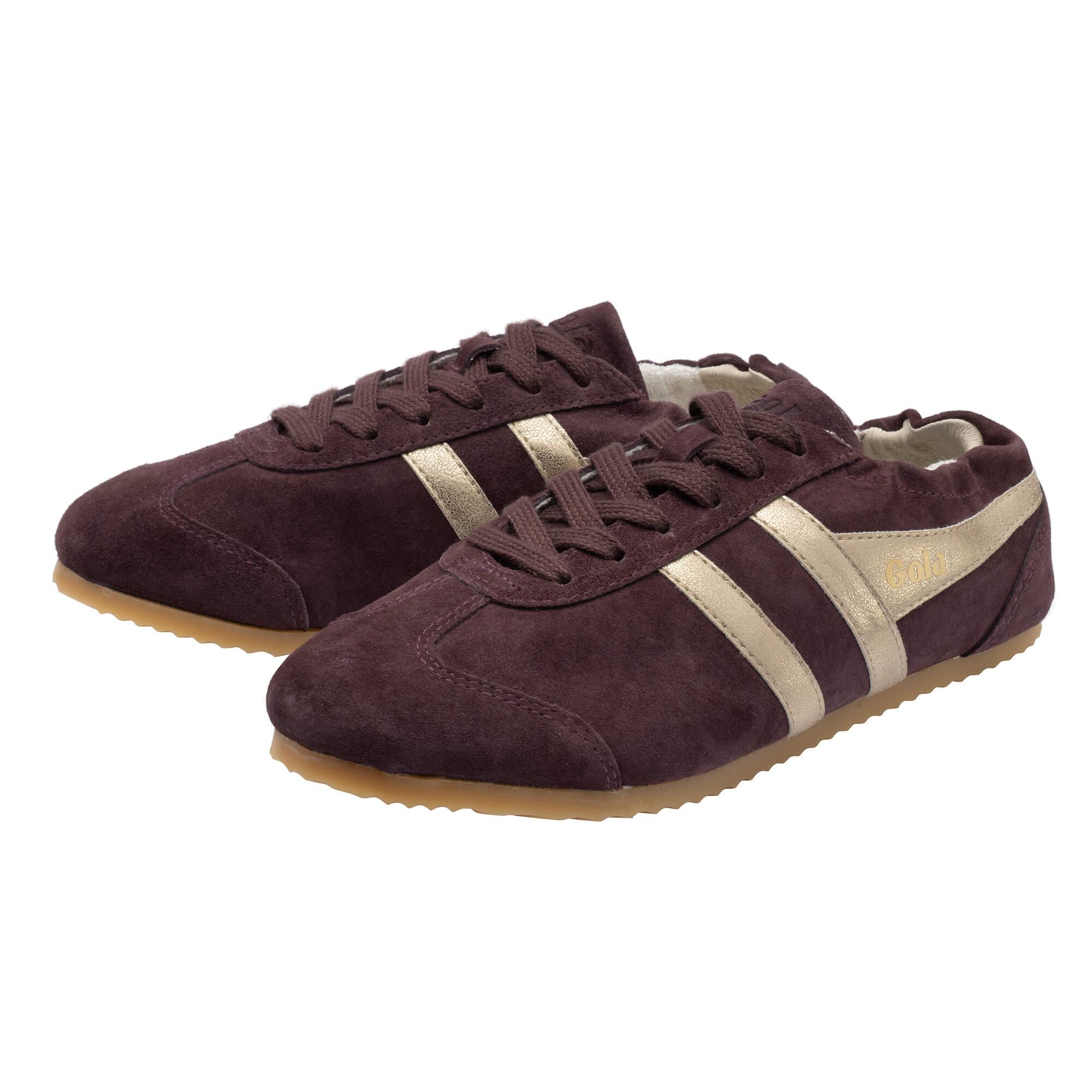 Pair of Gola Harrier trainers in burgundy suede with gold stripes and gum sole