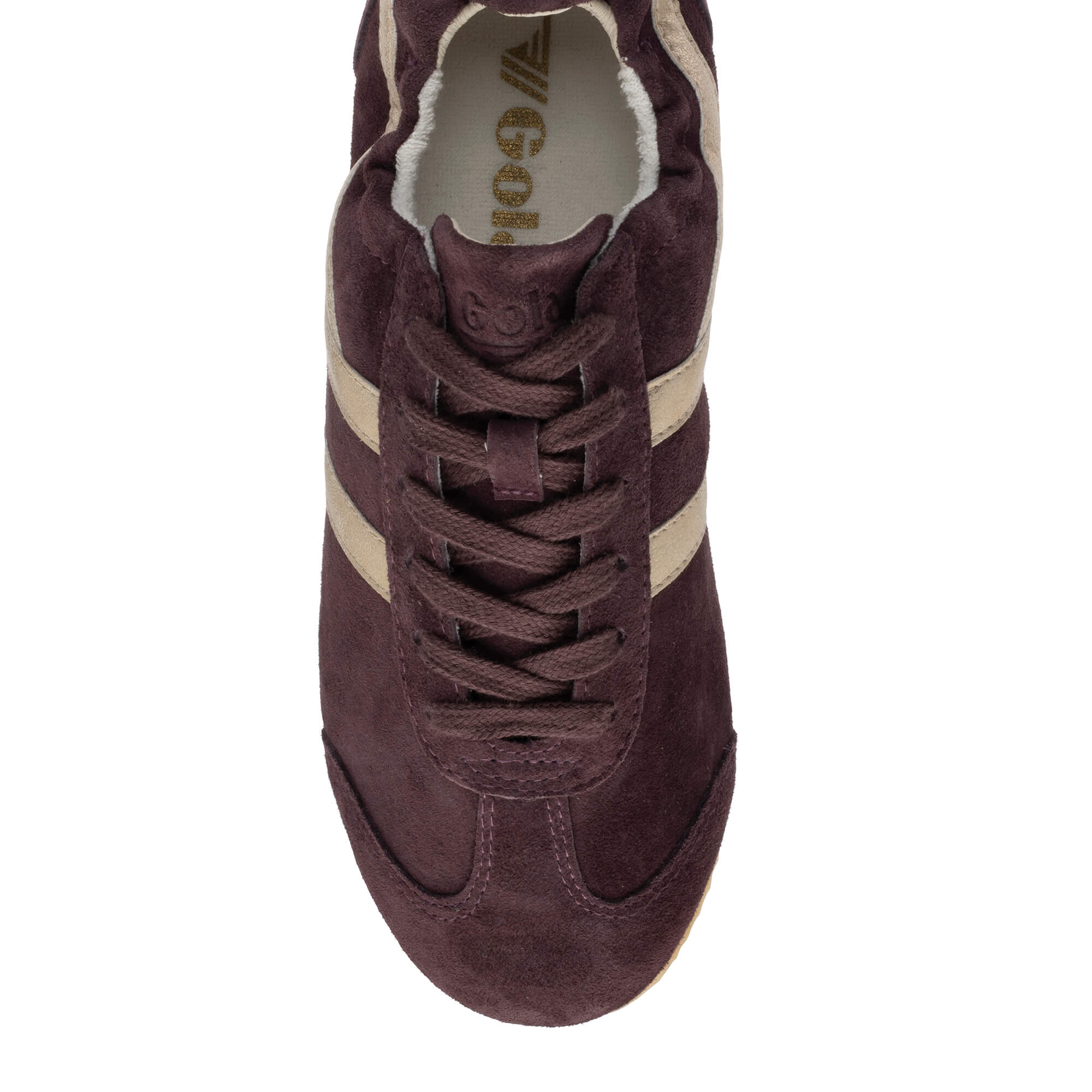 Top-down view of a burgundy suede trainer with beige stripes and laces