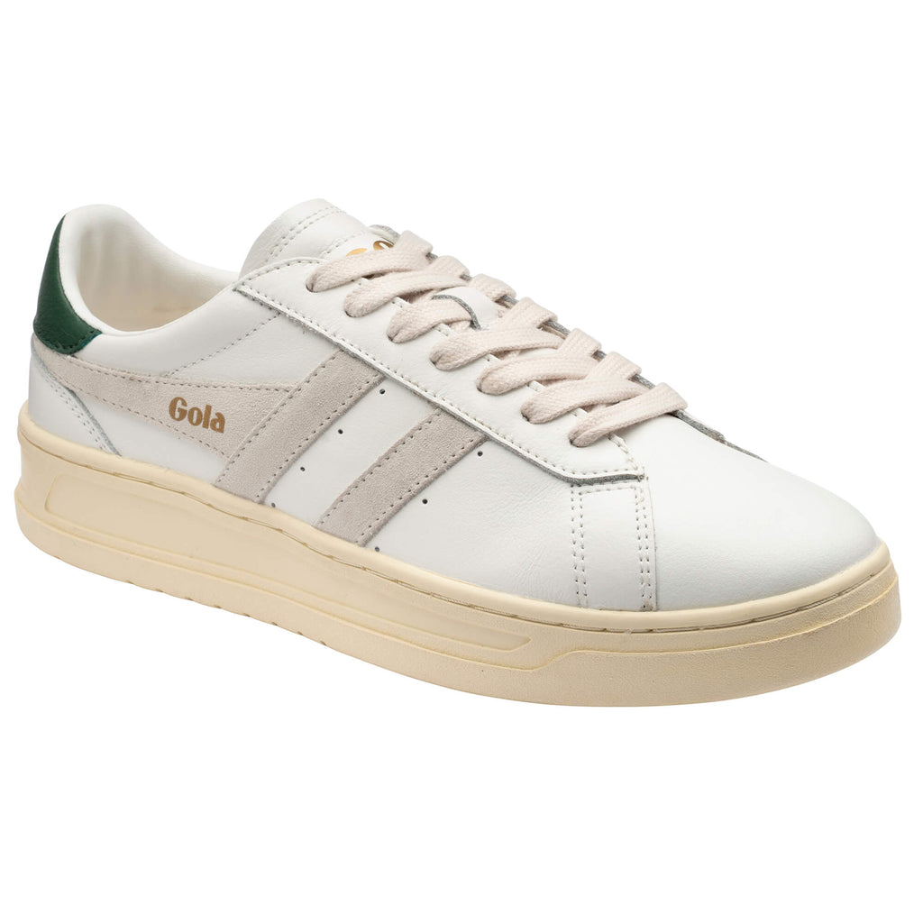 White Gola trainer with green heel tab and beige stripes