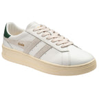 White Gola trainer with green heel tab and beige stripes