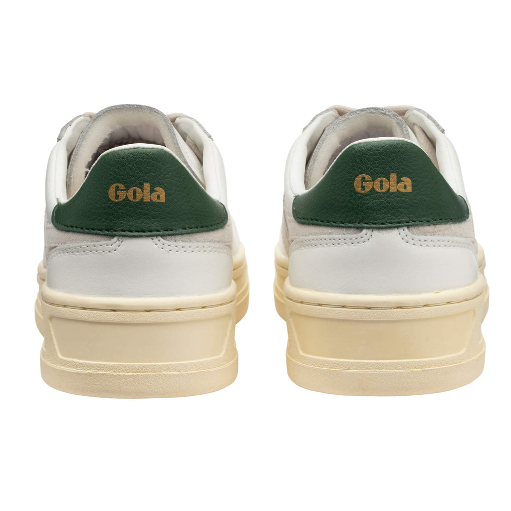 Pair of Gola trainers, white with green heel tab and Gola branding in gold, rear view