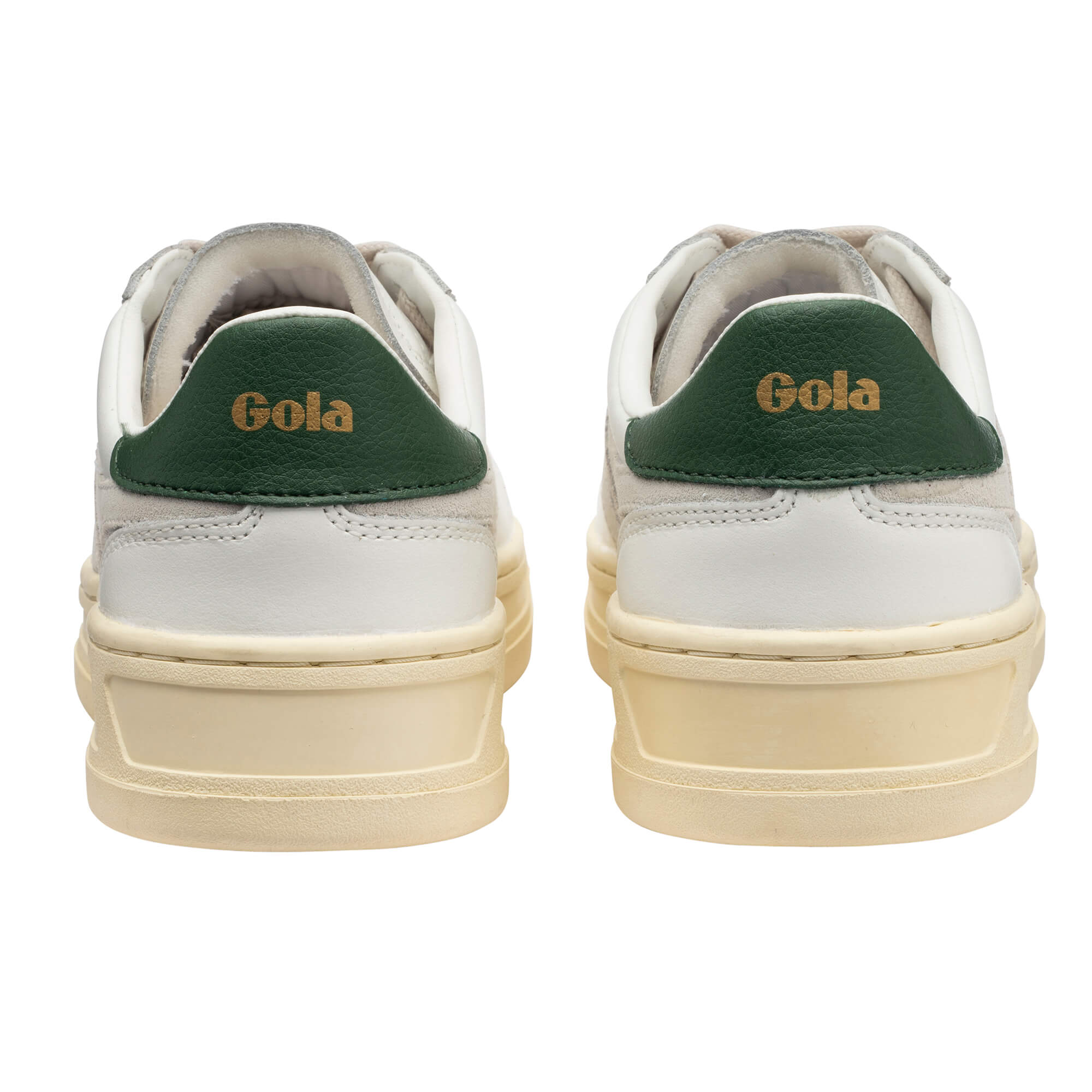 Pair of Gola trainers, white with green heel tab and Gola branding in gold, rear view