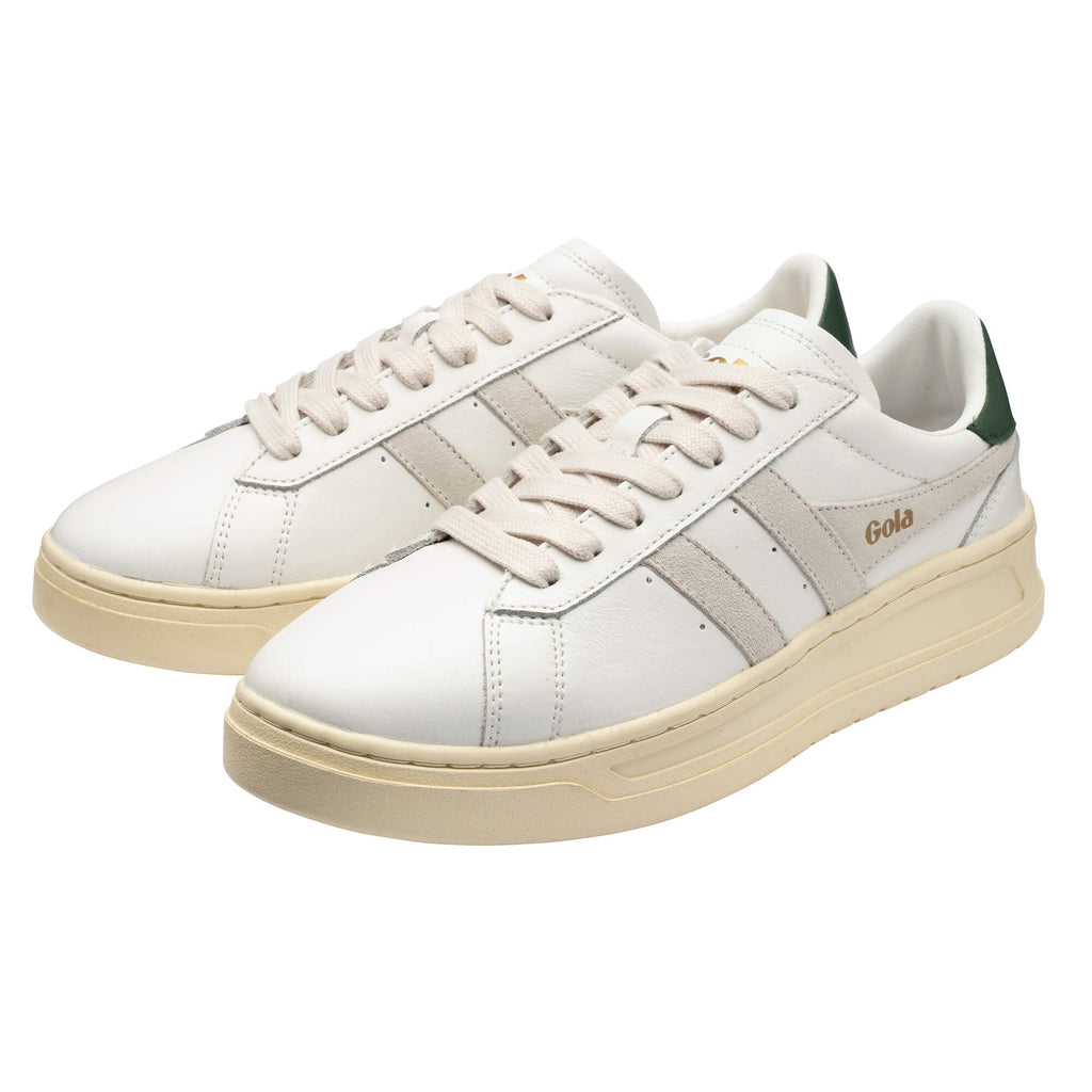 Pair of Gola Grandslam trainers in off-white with green heel tab and beige suede stripes