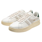 Pair of Gola Grandslam trainers in off-white with green heel tab and beige suede stripes