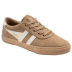 Gola women's low-top trainers in tan suede with white stripes and laces