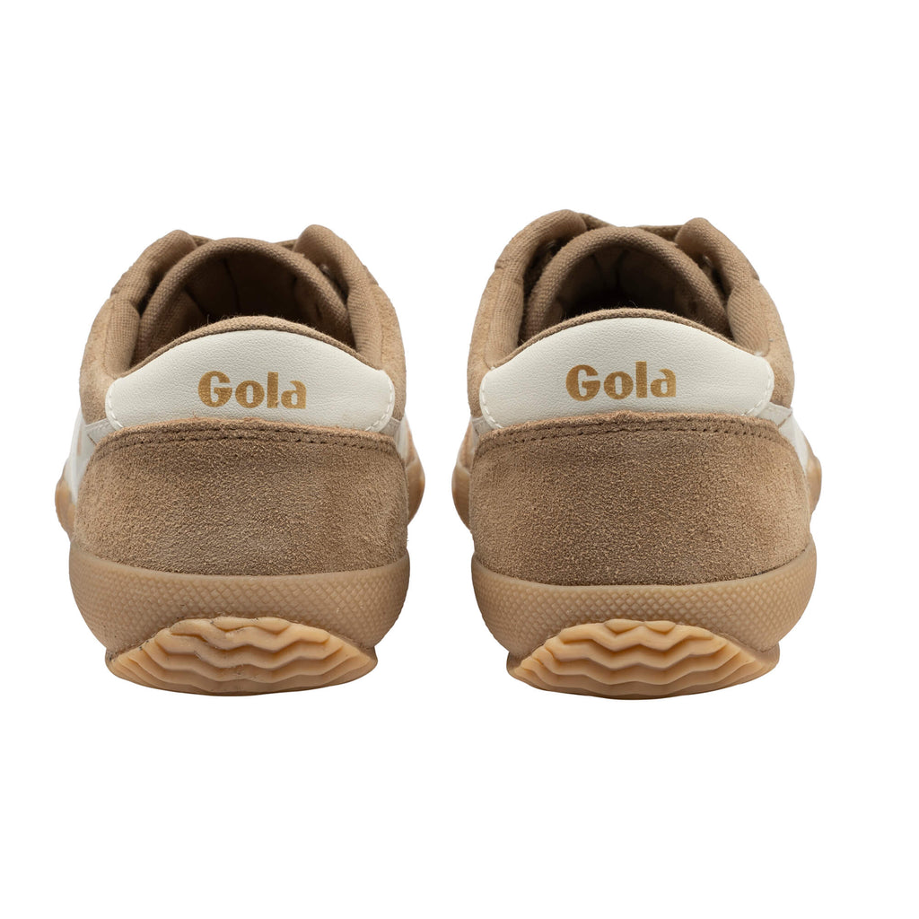 Rear view of two Gola trainers in tan suede with white heel tabs and Gola branding