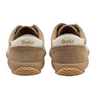 Rear view of two Gola trainers in tan suede with white heel tabs and Gola branding